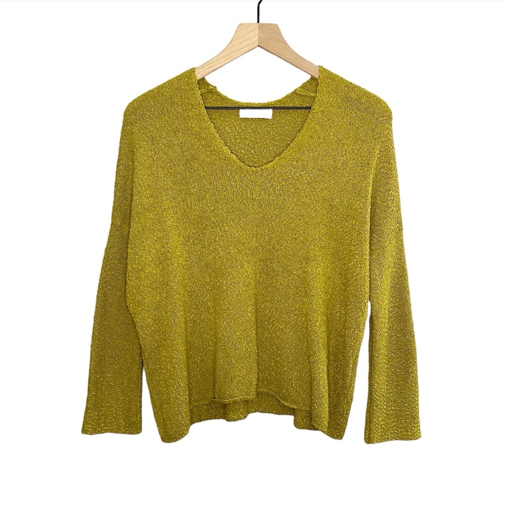 Oak + Fort Textured V Neck Cropped Sweater in Green M